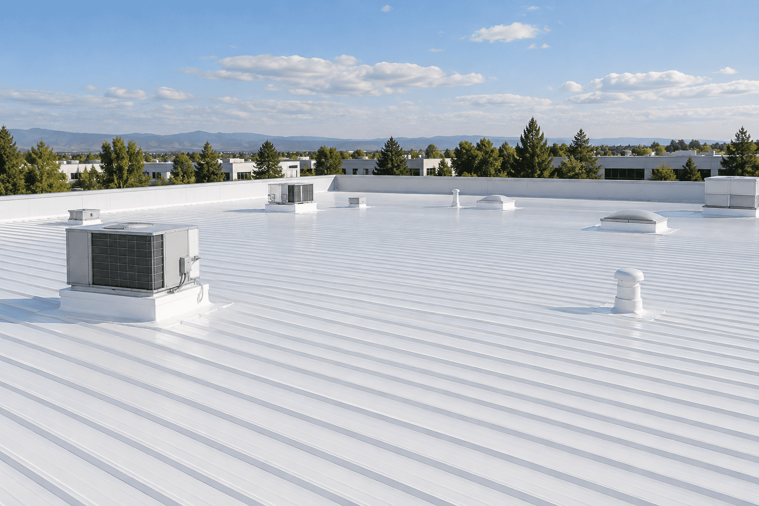 White acrylic roof coating on a low-slope roof